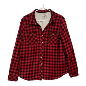 Red and black plaid shacket fall jacket fleece lined